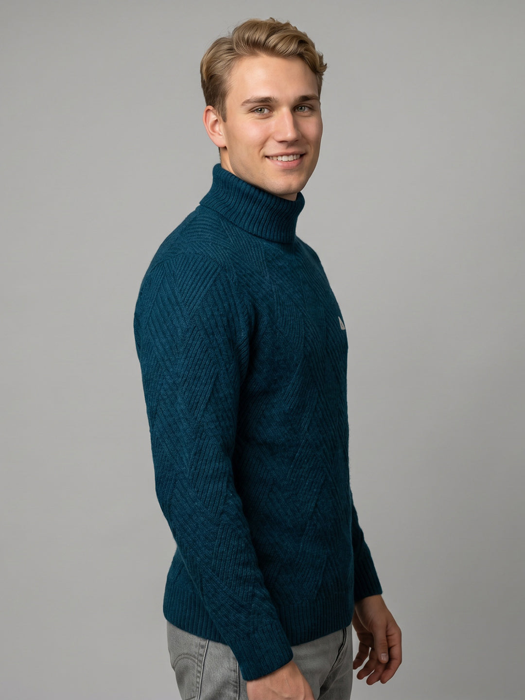 Men Blue Self Design High Neck Full Sleeve Pullover