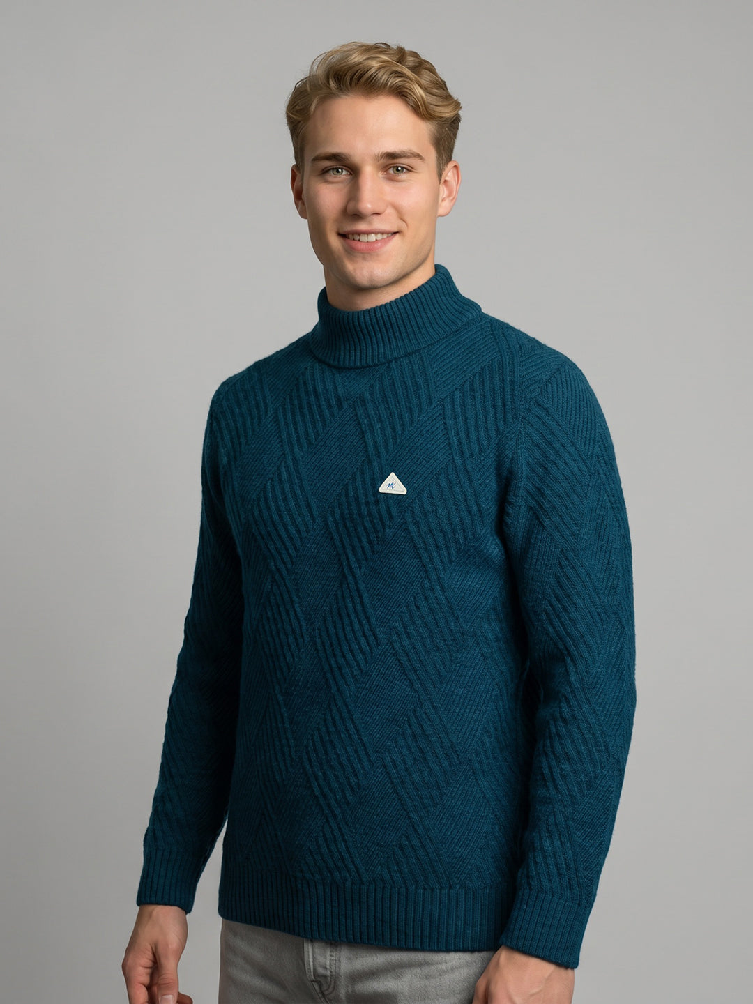 Men Blue Self Design High Neck Full Sleeve Pullover