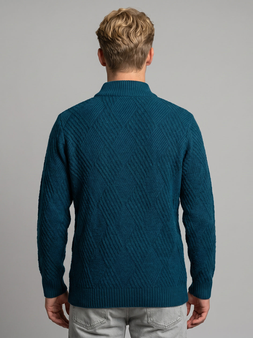 Men Blue Self Design High Neck Full Sleeve Pullover
