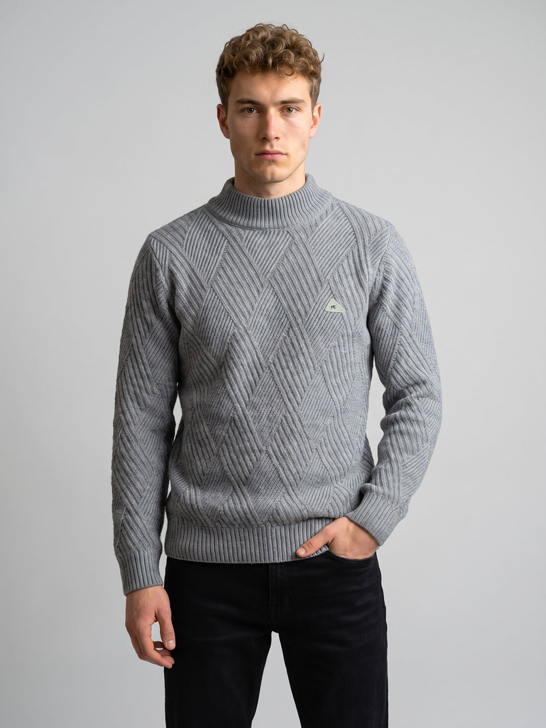 Men Grey Self Design High Neck Full Sleeve Pullover