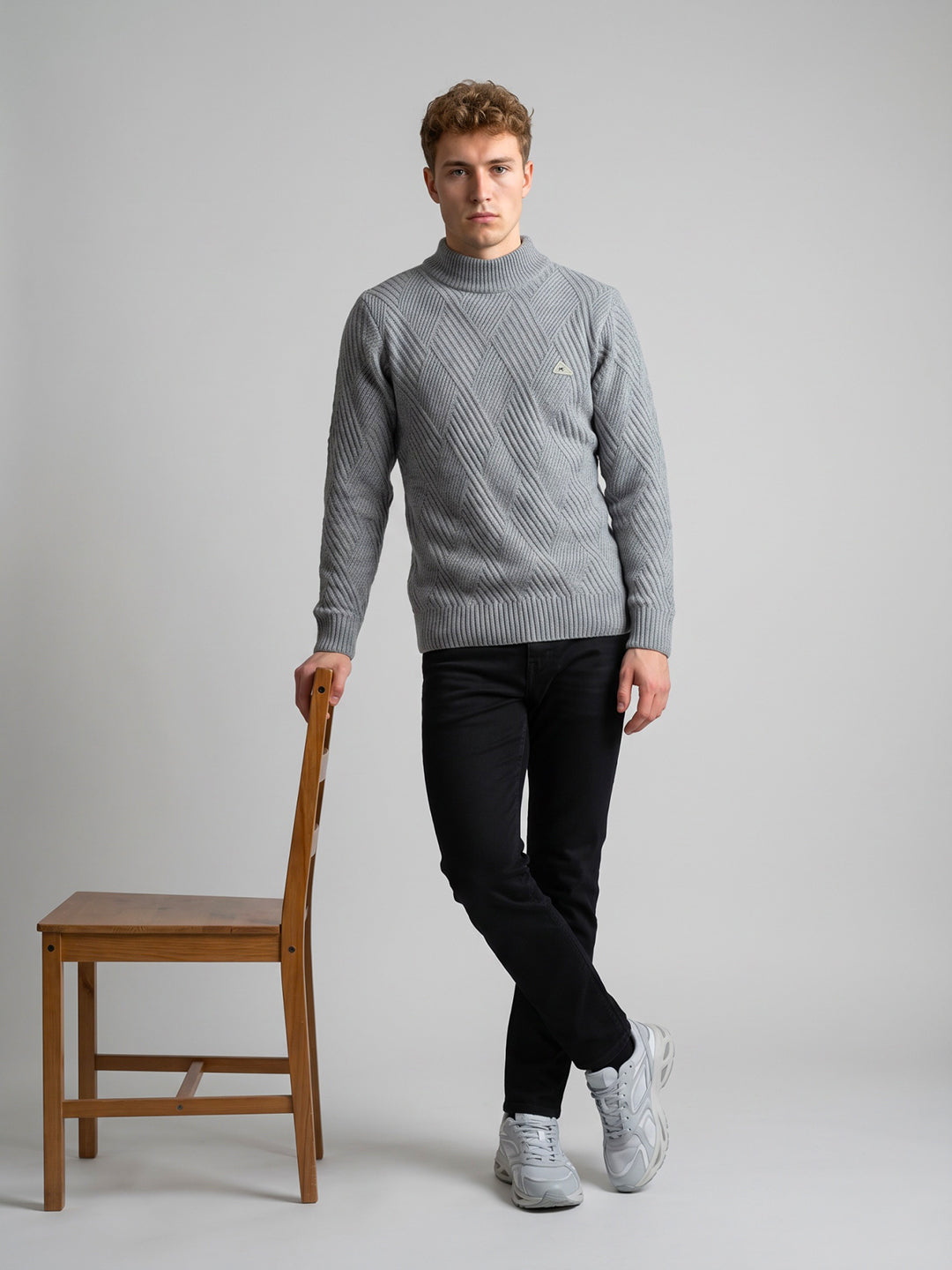 Men Grey Self Design High Neck Full Sleeve Pullover