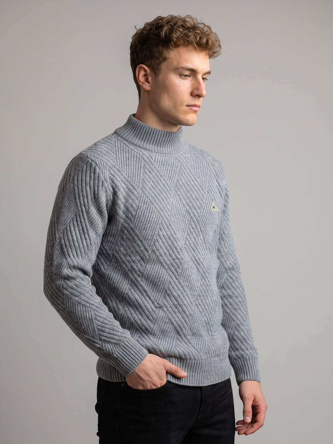 Men Grey Self Design High Neck Full Sleeve Pullover