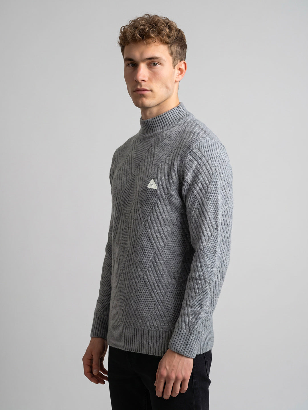 Men Grey Self Design High Neck Full Sleeve Pullover