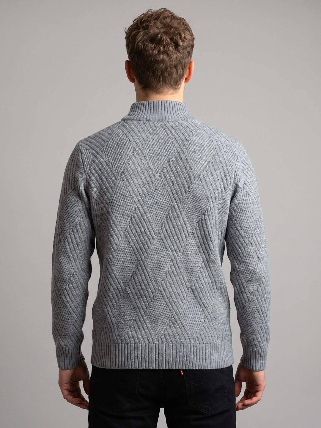 Men Grey Self Design High Neck Full Sleeve Pullover