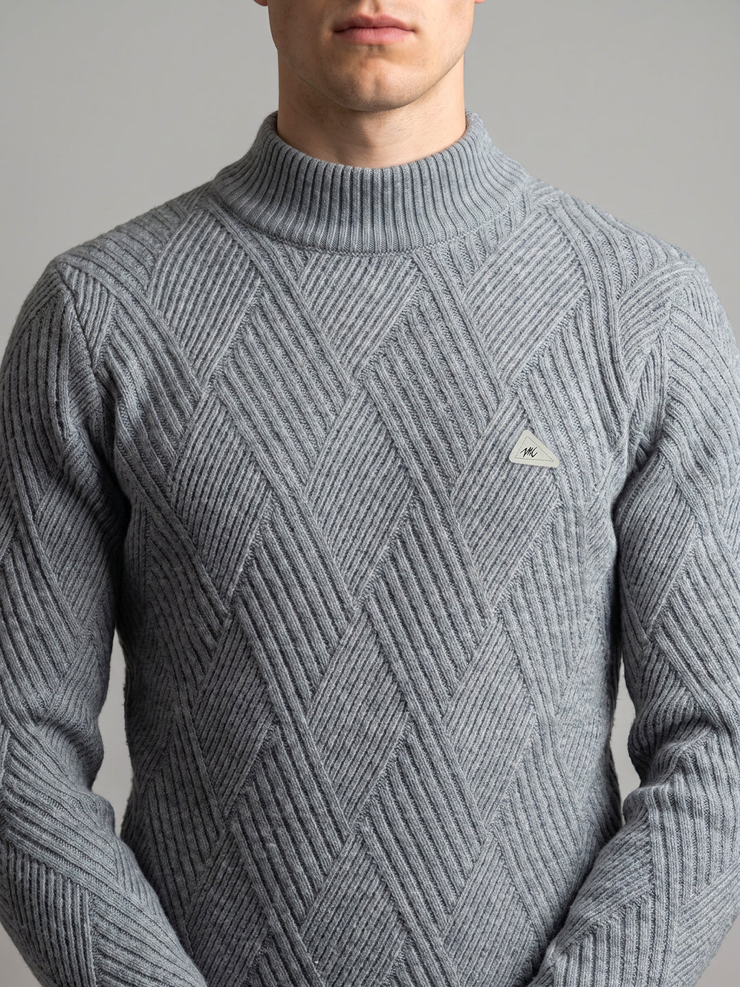 Men Grey Self Design High Neck Full Sleeve Pullover