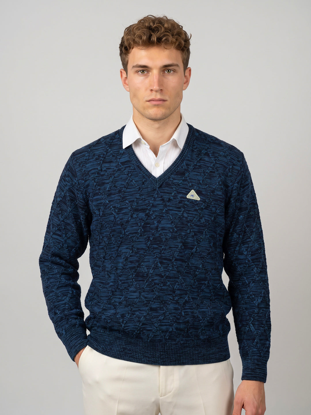 Men Blue Self Design V Neck Full Sleeve Pullover