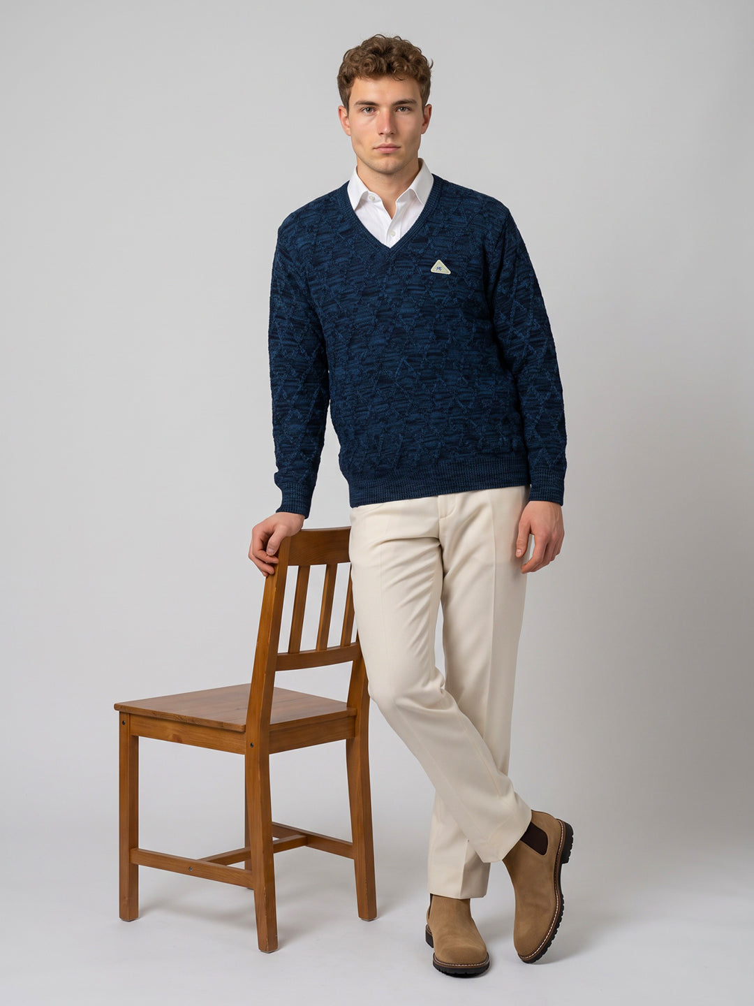 Men Blue Self Design V Neck Full Sleeve Pullover