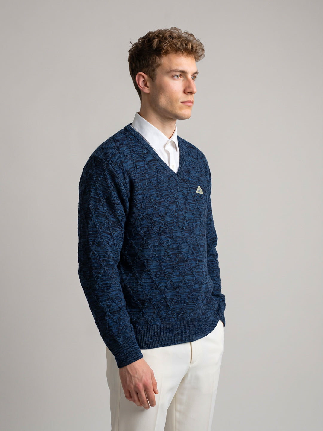 Men Blue Self Design V Neck Full Sleeve Pullover