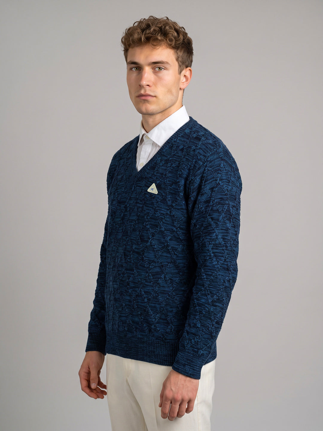 Men Blue Self Design V Neck Full Sleeve Pullover