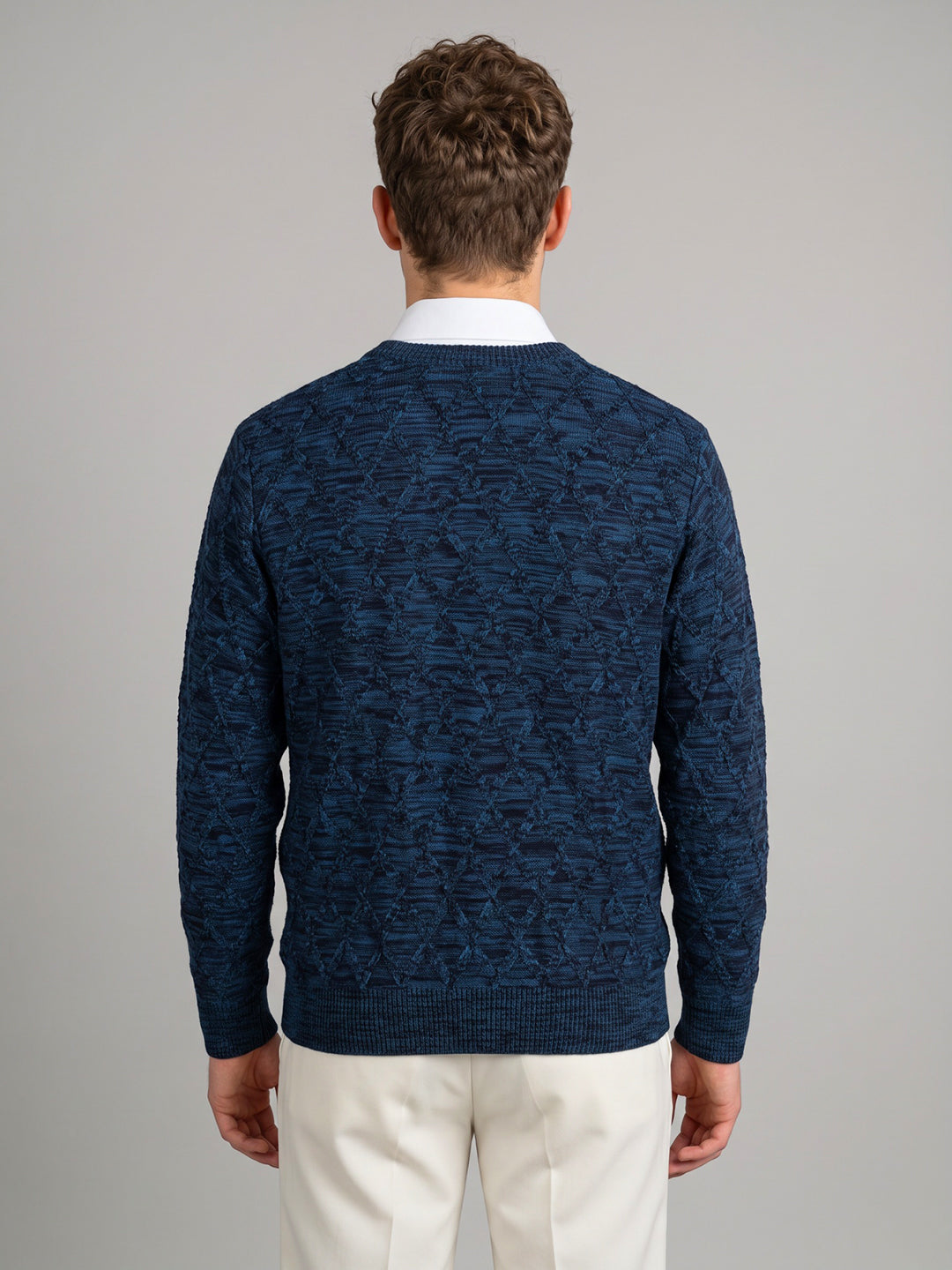 Men Blue Self Design V Neck Full Sleeve Pullover
