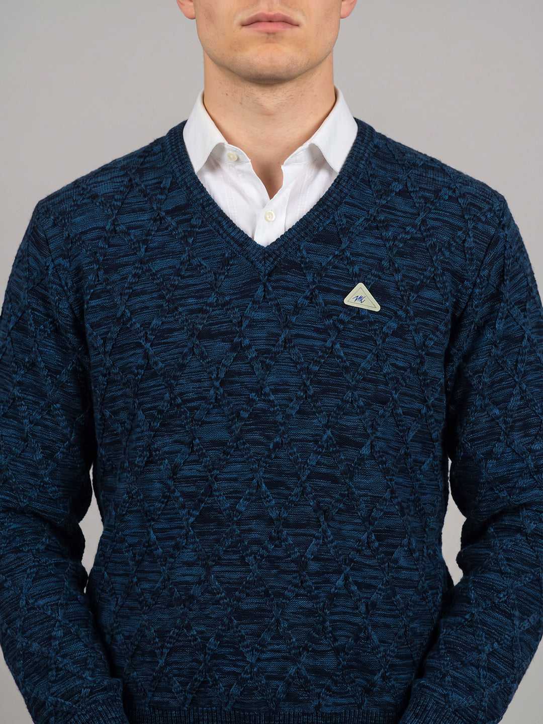 Men Blue Self Design V Neck Full Sleeve Pullover