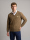 Men Camel Brown Self Design V Neck Full Sleeve Pullover