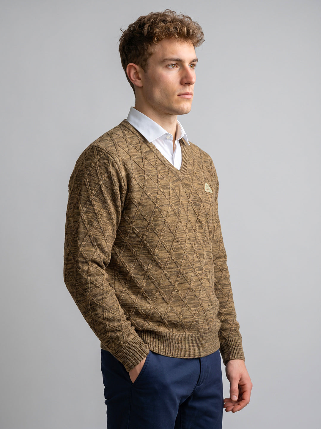 Men Camel Brown Self Design V Neck Full Sleeve Pullover