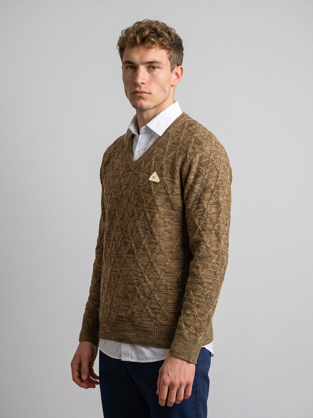 Men Camel Brown Self Design V Neck Full Sleeve Pullover