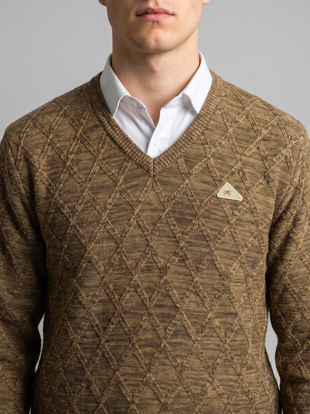 Men Camel Brown Self Design V Neck Full Sleeve Pullover