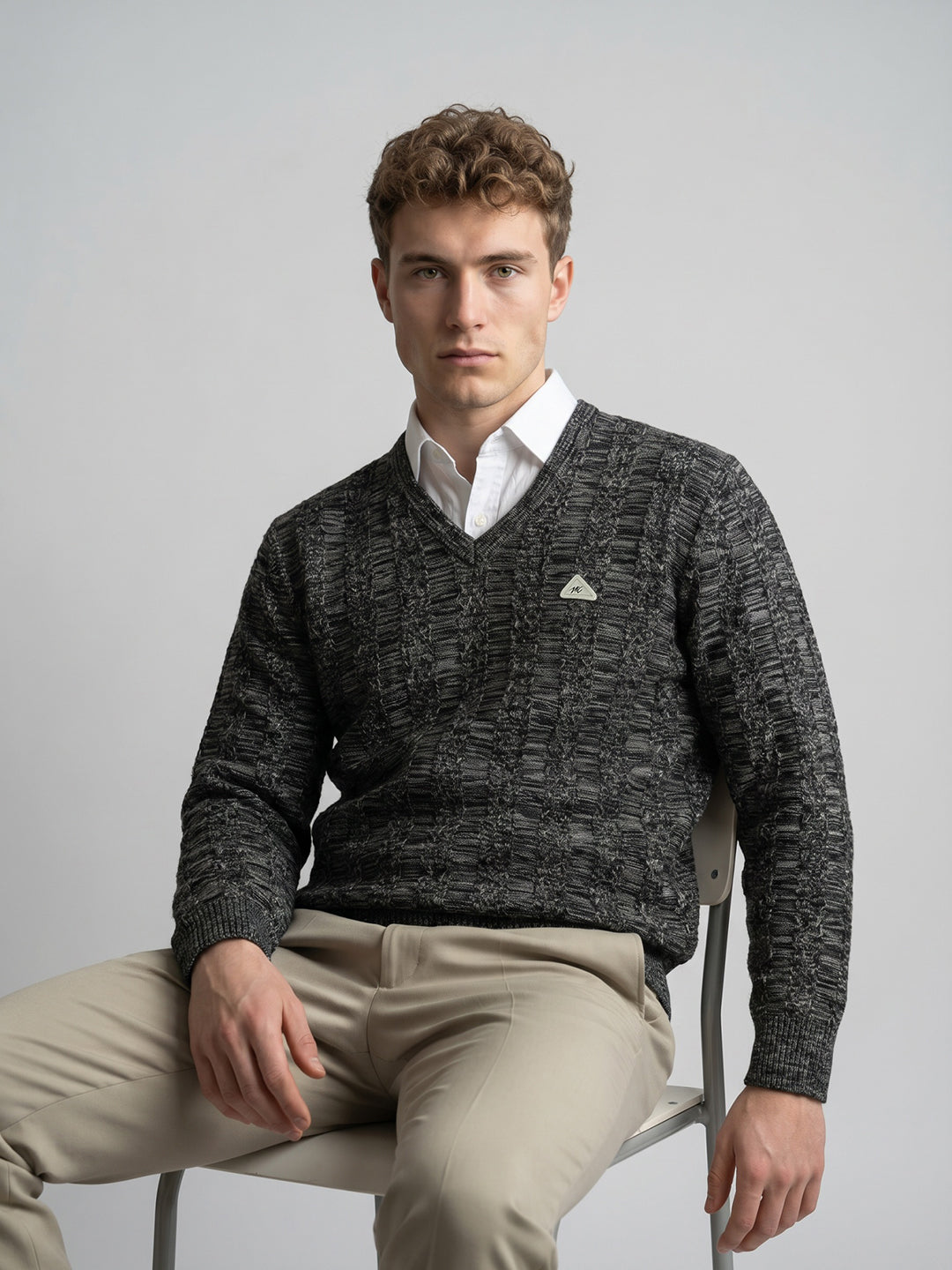 Men Black Self Design V Neck Full Sleeve Pullover
