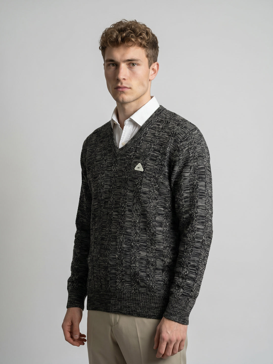 Men Black Self Design V Neck Full Sleeve Pullover