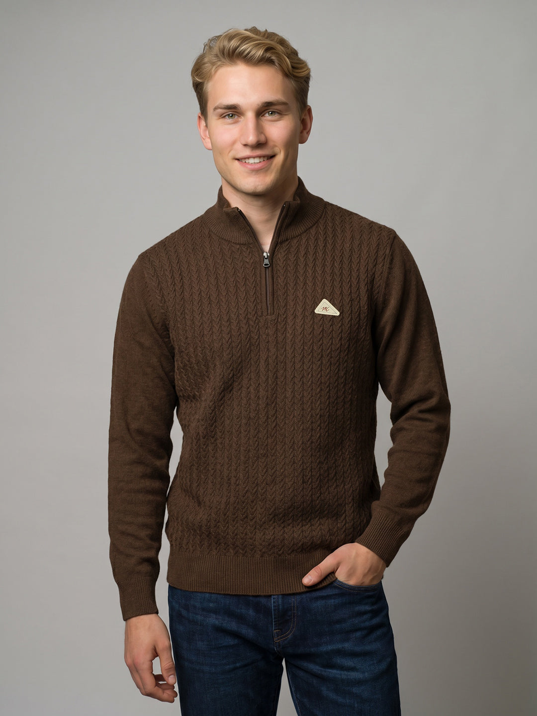 Men Brown Self Design High Neck Full Sleeve Pullover