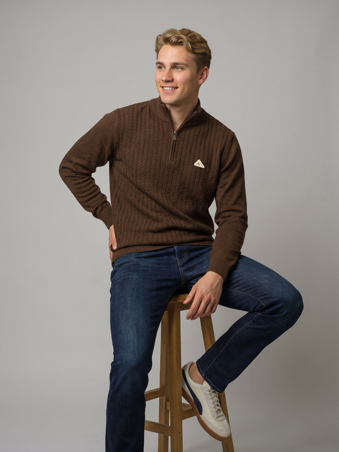 Men Brown Self Design High Neck Full Sleeve Pullover