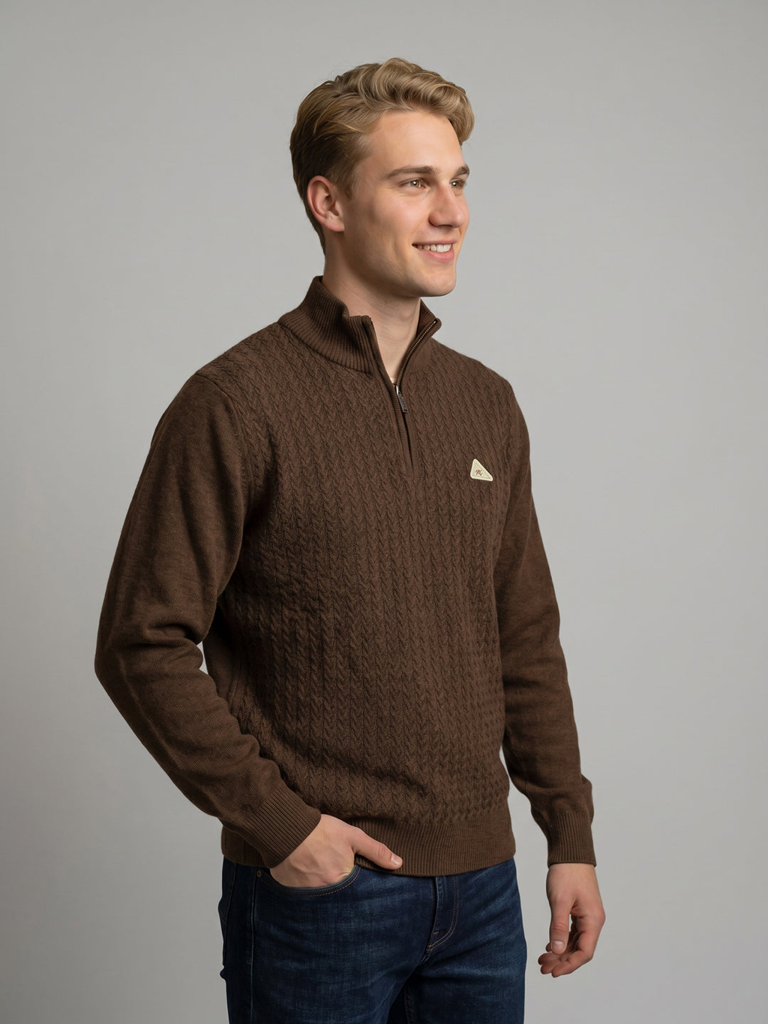 Men Brown Self Design High Neck Full Sleeve Pullover