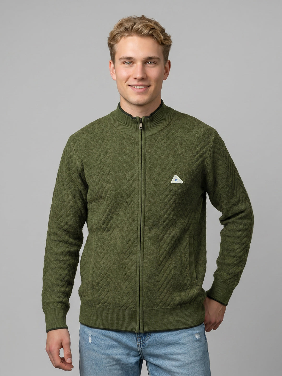 Men Green Self Design Turtle Neck Full Sleeve Pullover
