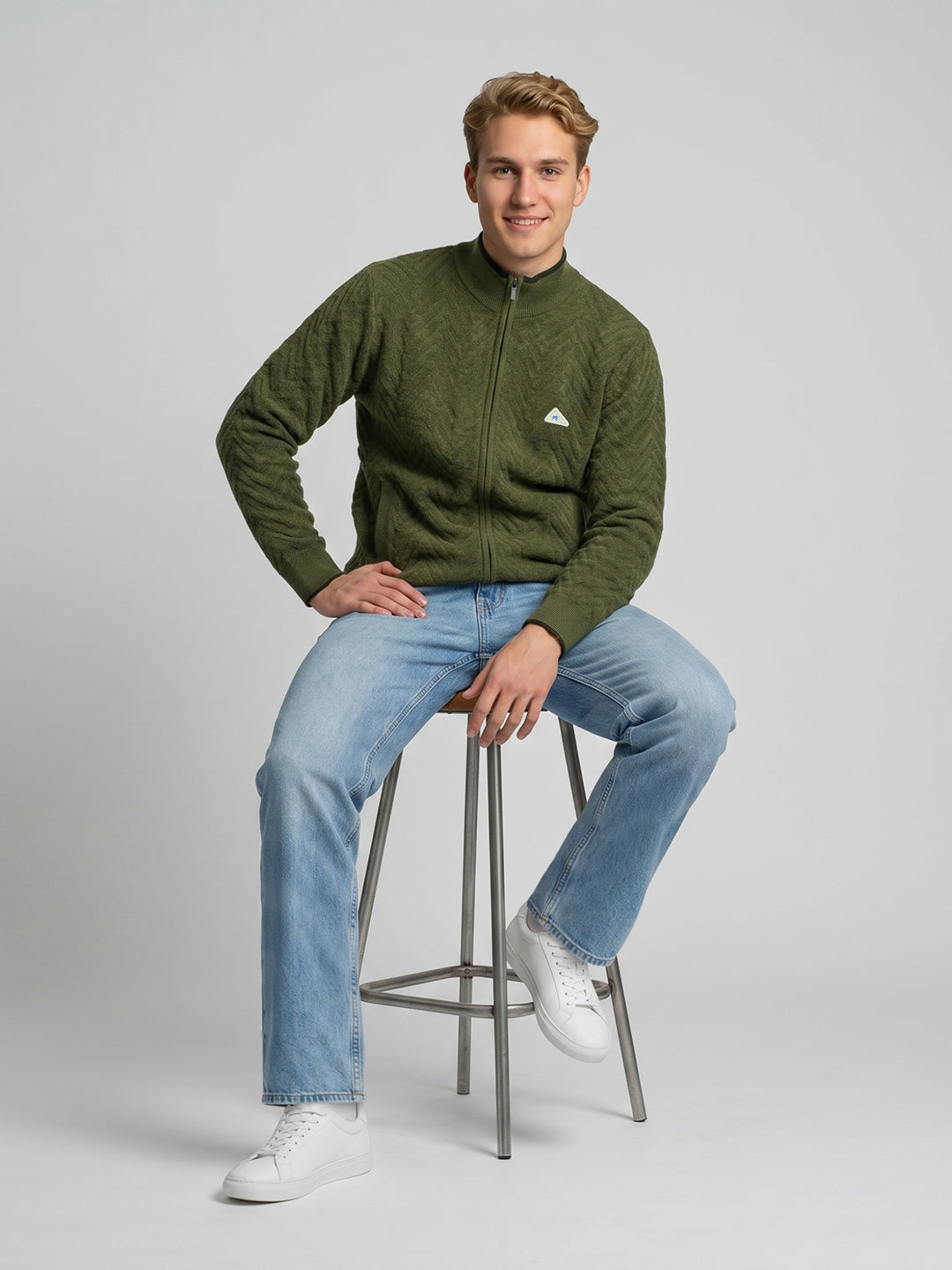 Men Green Self Design Turtle Neck Full Sleeve Pullover