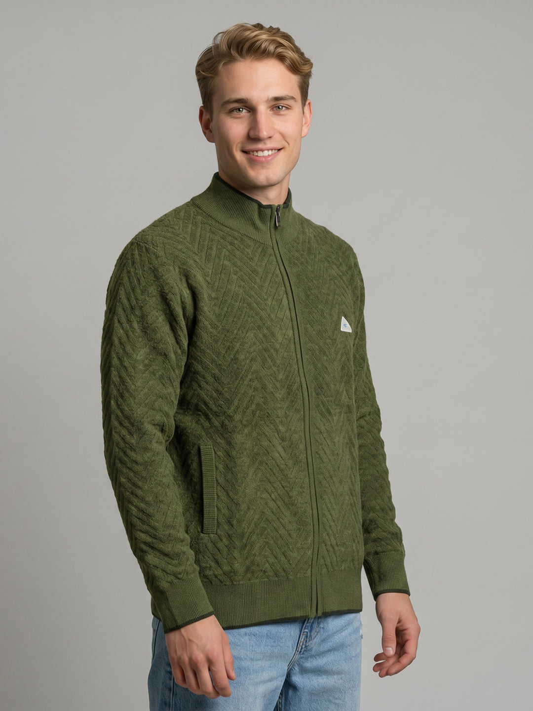 Men Green Self Design Turtle Neck Full Sleeve Pullover