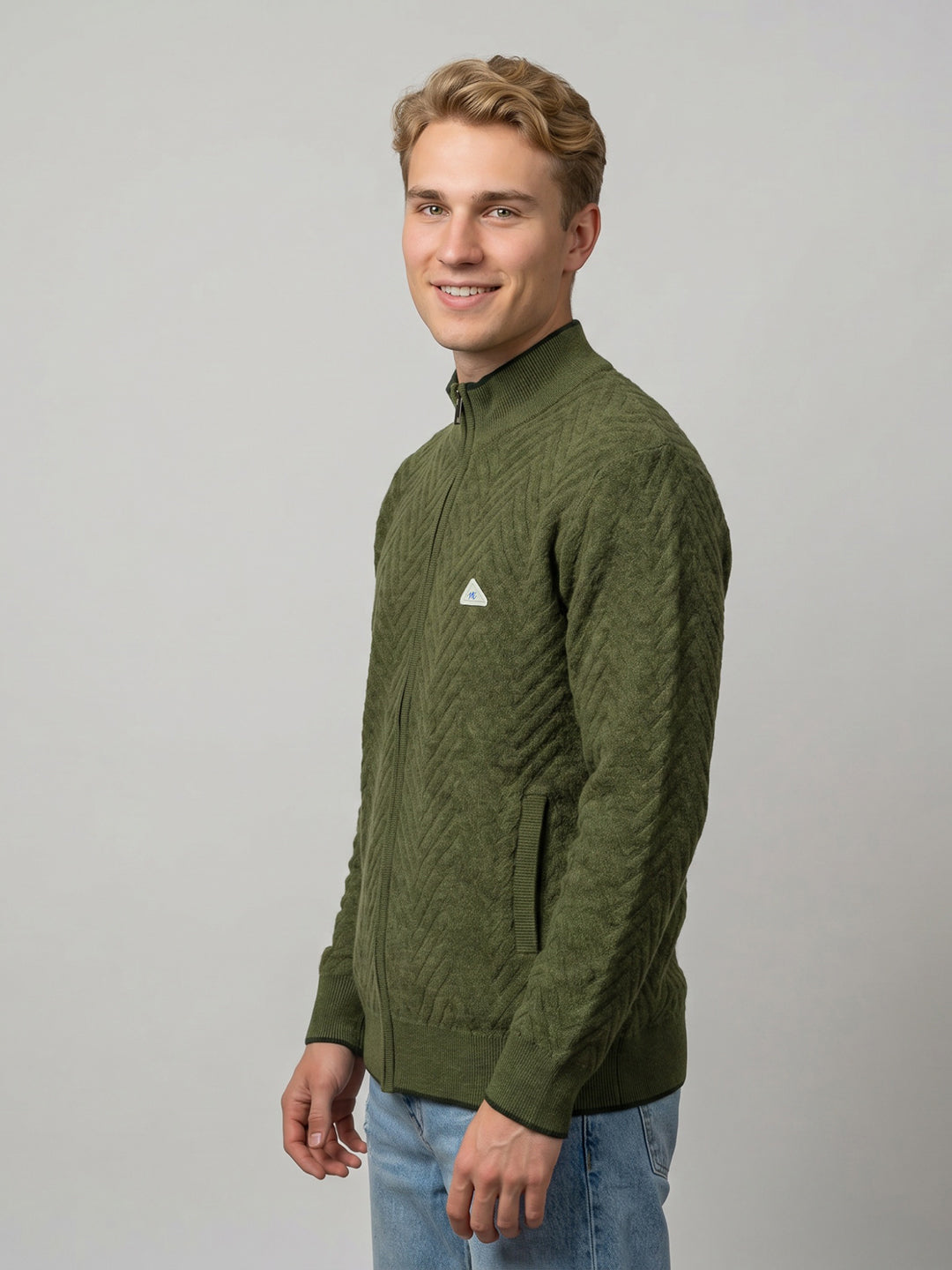 Men Green Self Design Turtle Neck Full Sleeve Pullover
