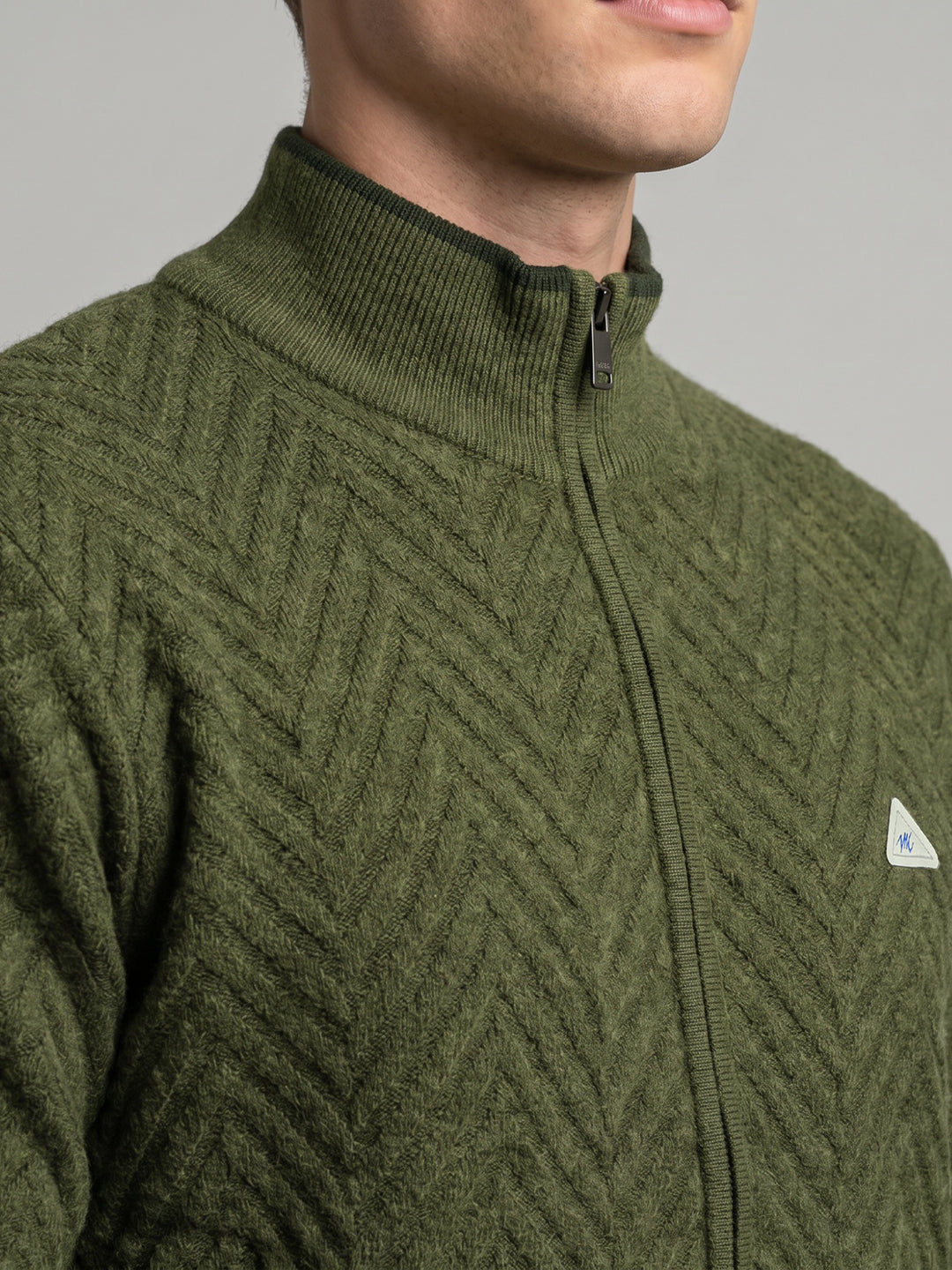 Men Green Self Design Turtle Neck Full Sleeve Pullover
