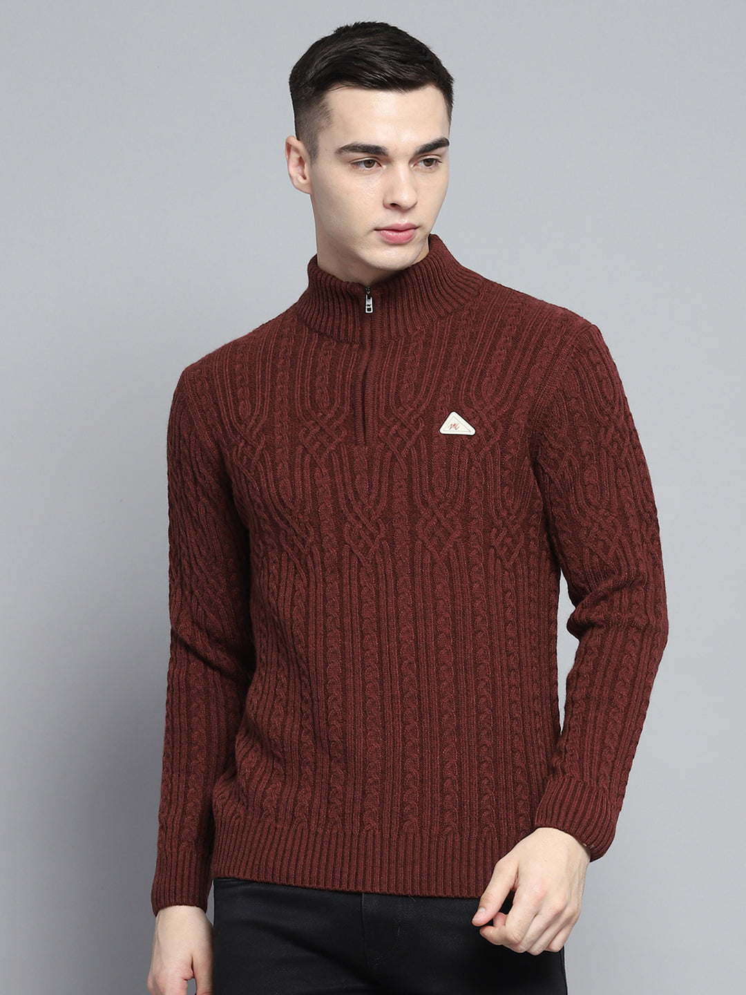 Men Brown Self Design Mock Neck Full Sleeve Pullover