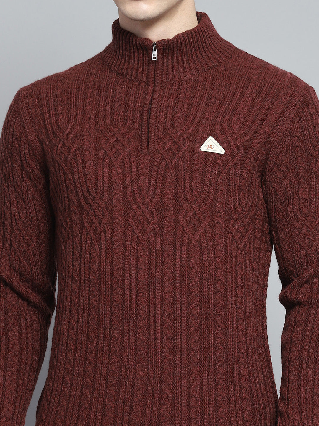 Men Brown Self Design Mock Neck Full Sleeve Pullover
