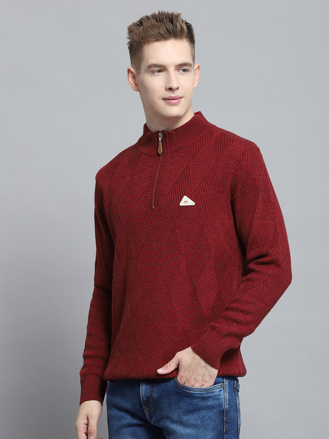 Men Maroon Self Design Mock Neck Full Sleeve Pullover