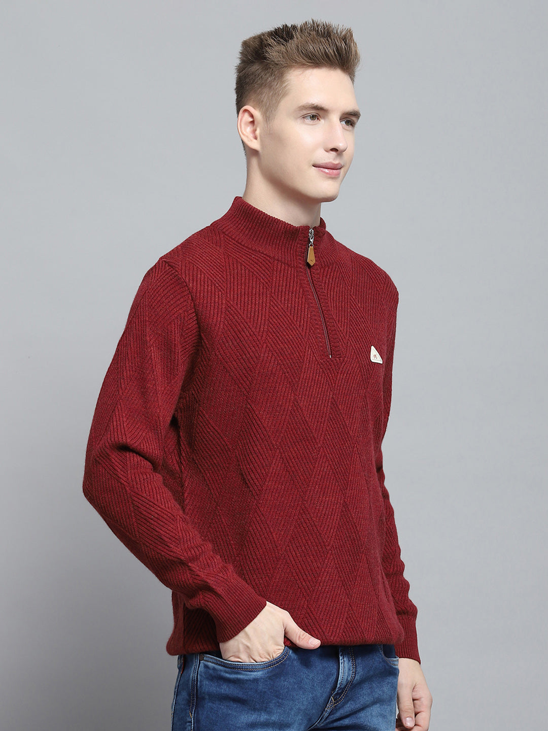 Men Maroon Self Design Mock Neck Full Sleeve Pullover