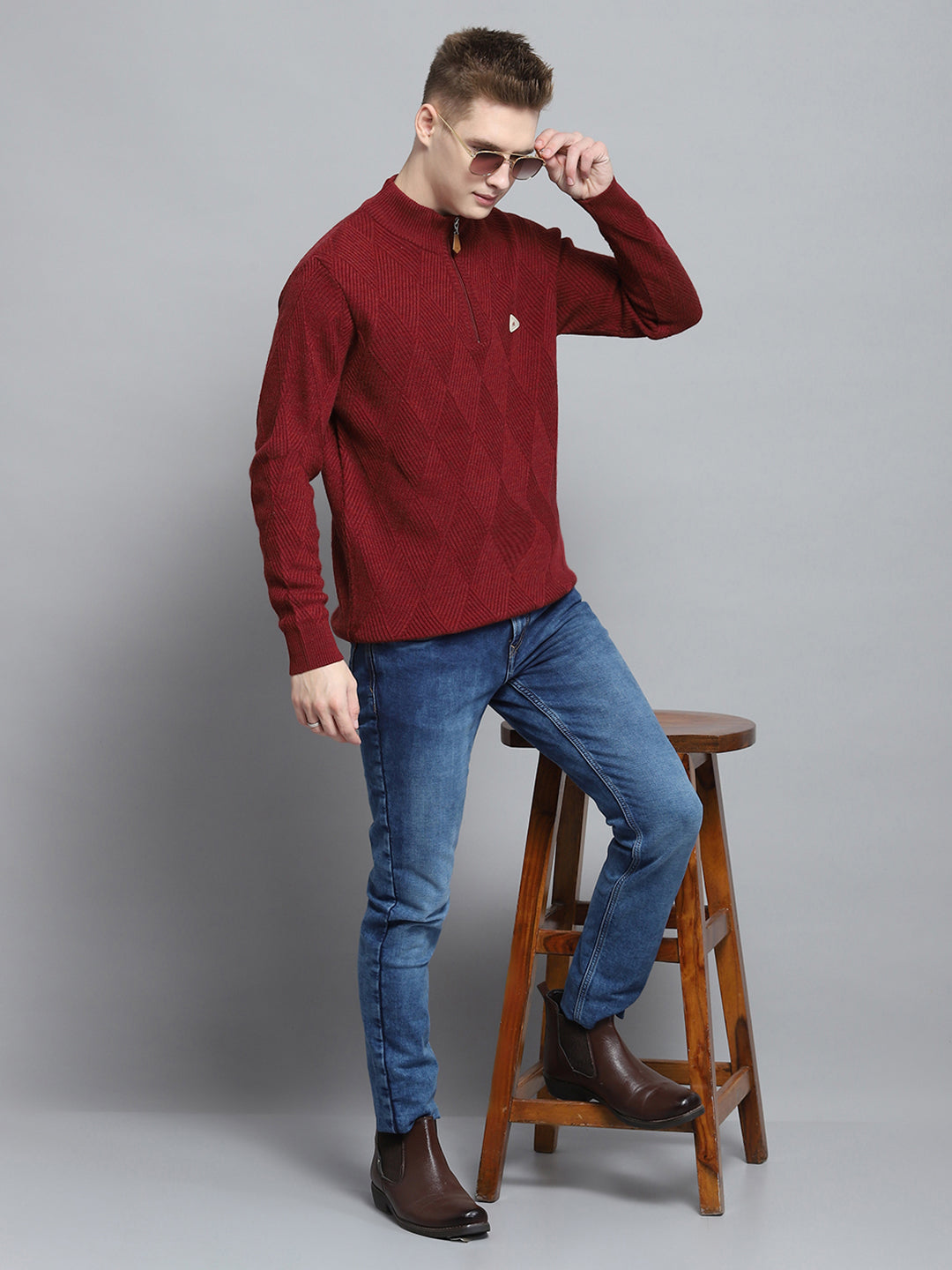 Men Maroon Self Design Mock Neck Full Sleeve Pullover