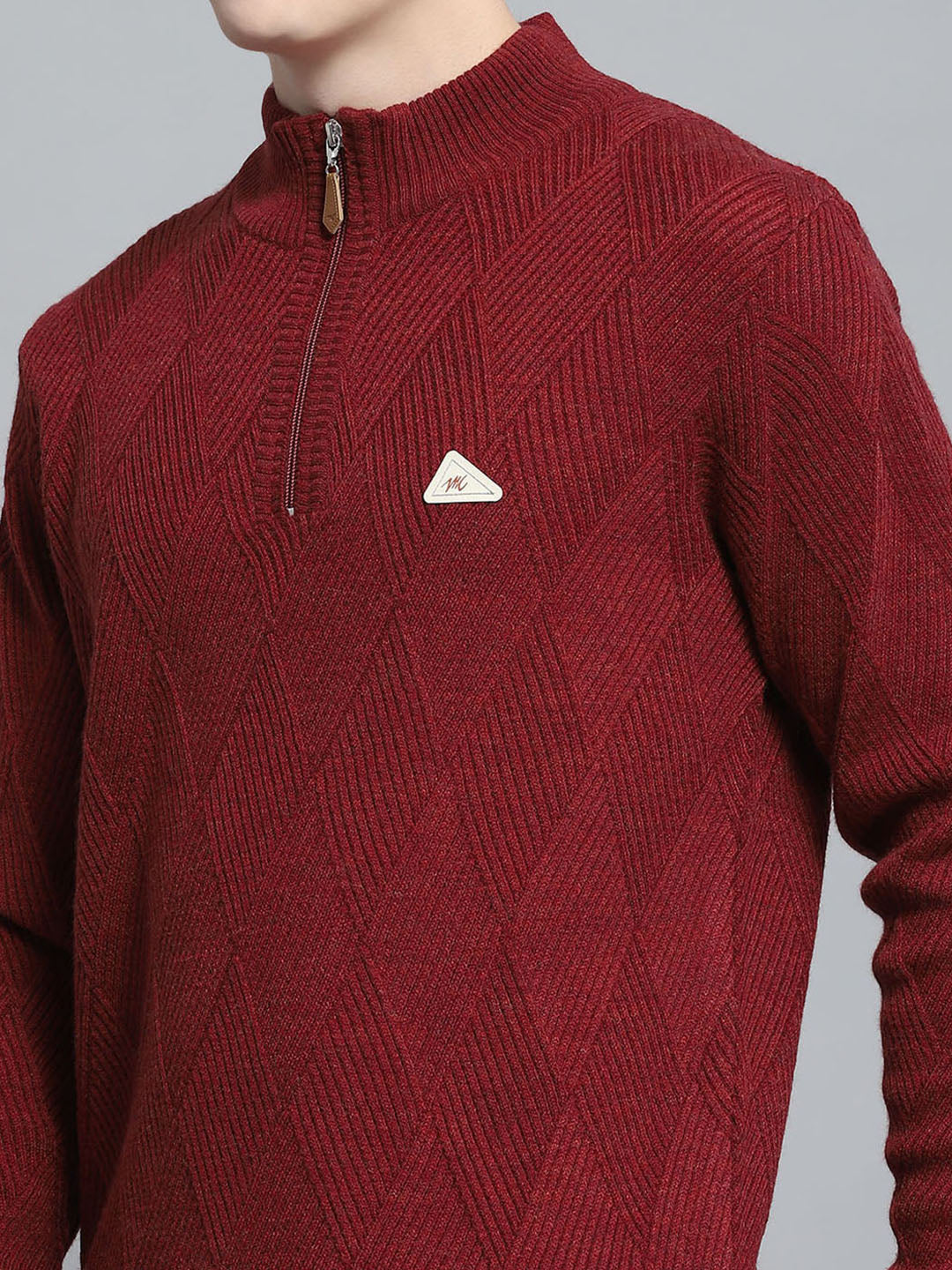 Men Maroon Self Design Mock Neck Full Sleeve Pullover