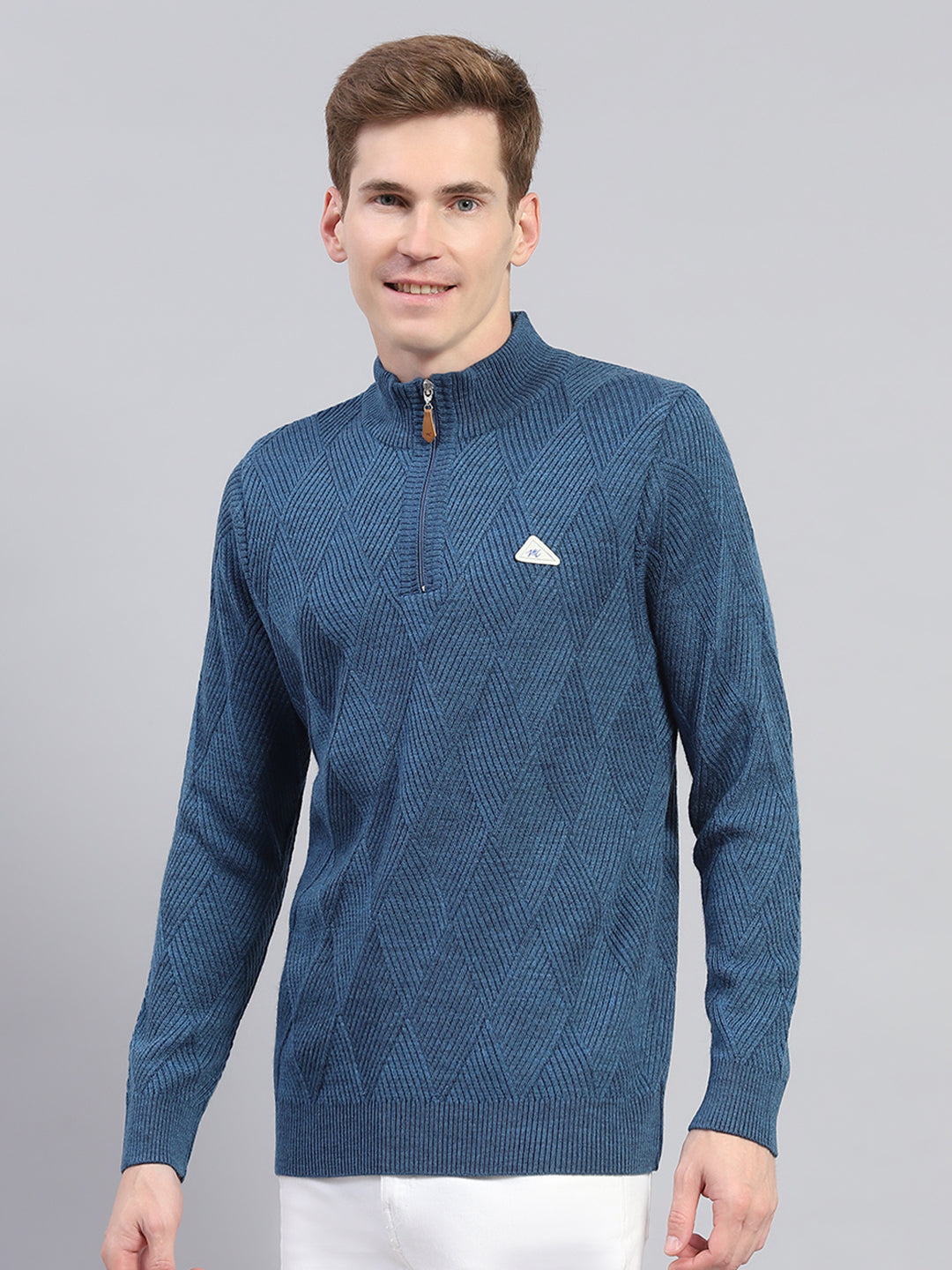 Men Blue Self Design High Neck Full Sleeve Pullover