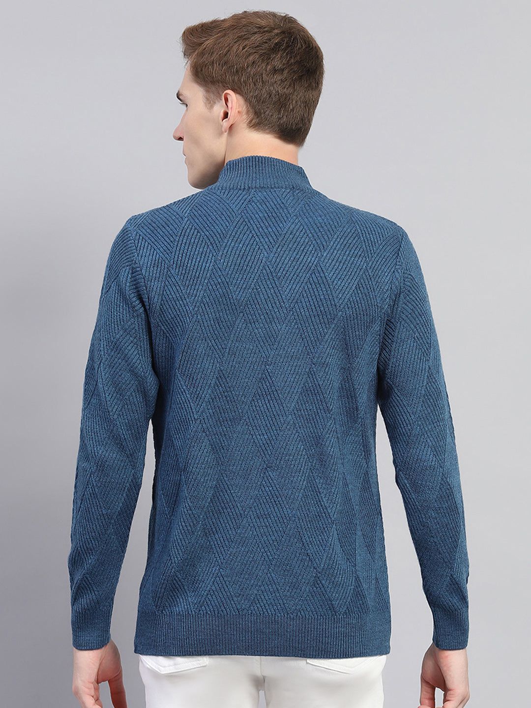 Men Blue Self Design High Neck Full Sleeve Pullover