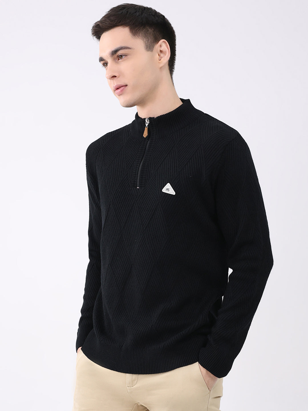 Men Black Self Design Mock Neck Full Sleeve Pullover