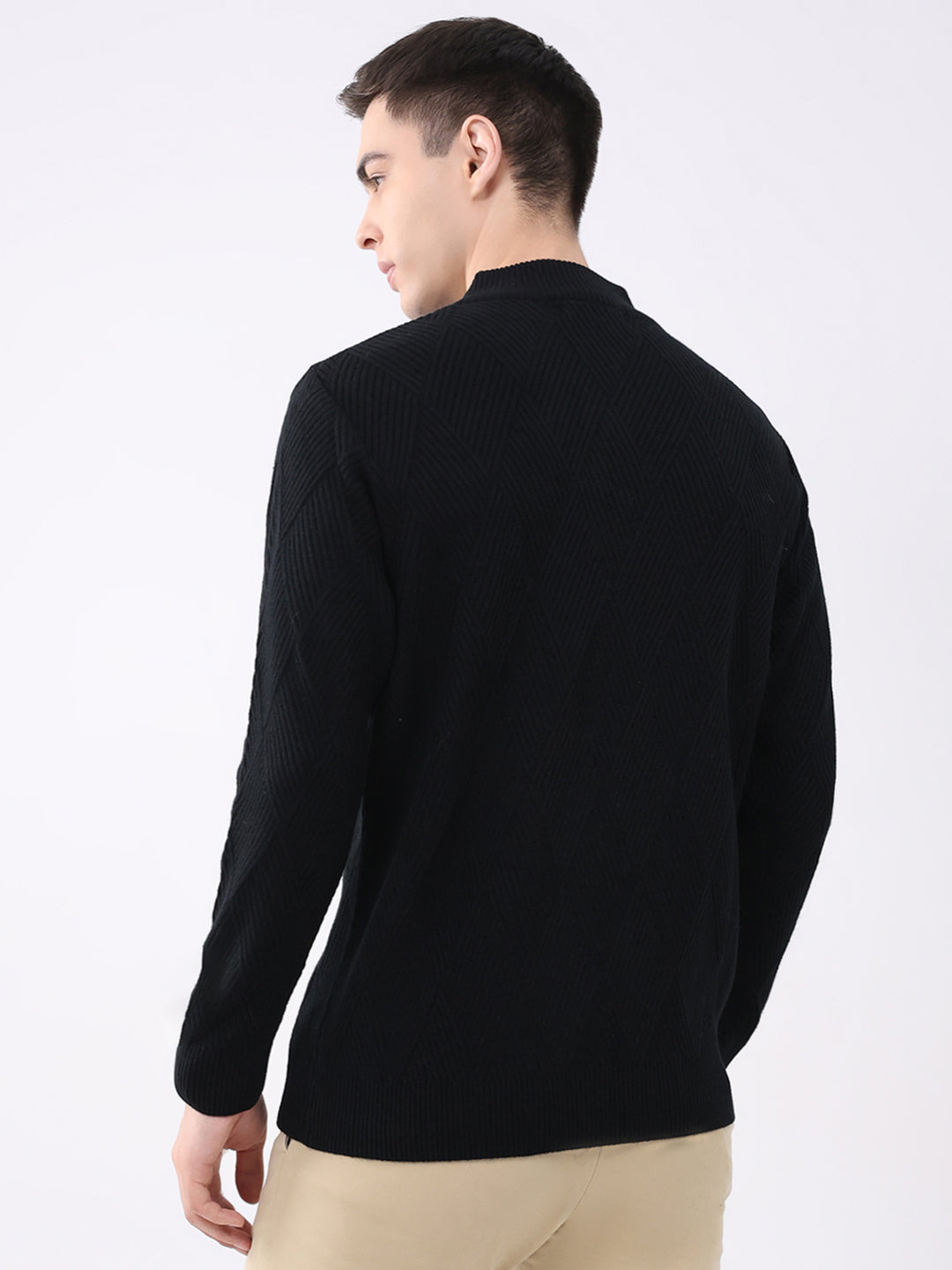 Men Black Self Design Mock Neck Full Sleeve Pullover