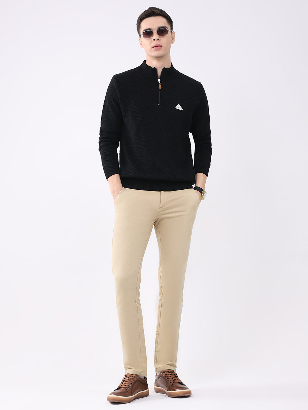Men Black Self Design Mock Neck Full Sleeve Pullover