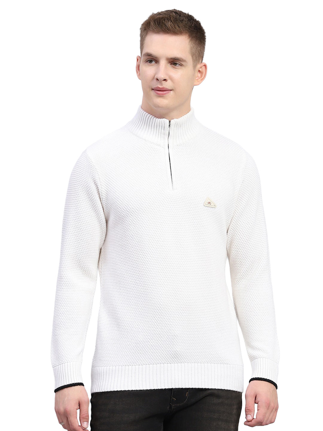 Men White Self Design High Neck Full Sleeve Pullover