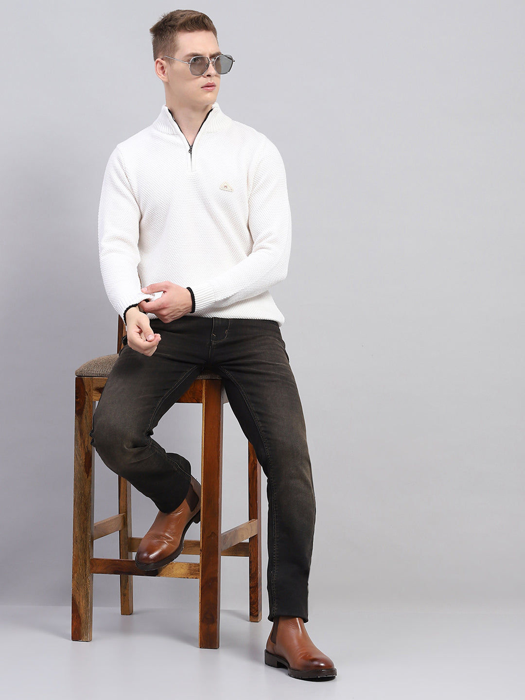 Men White Self Design High Neck Full Sleeve Pullover