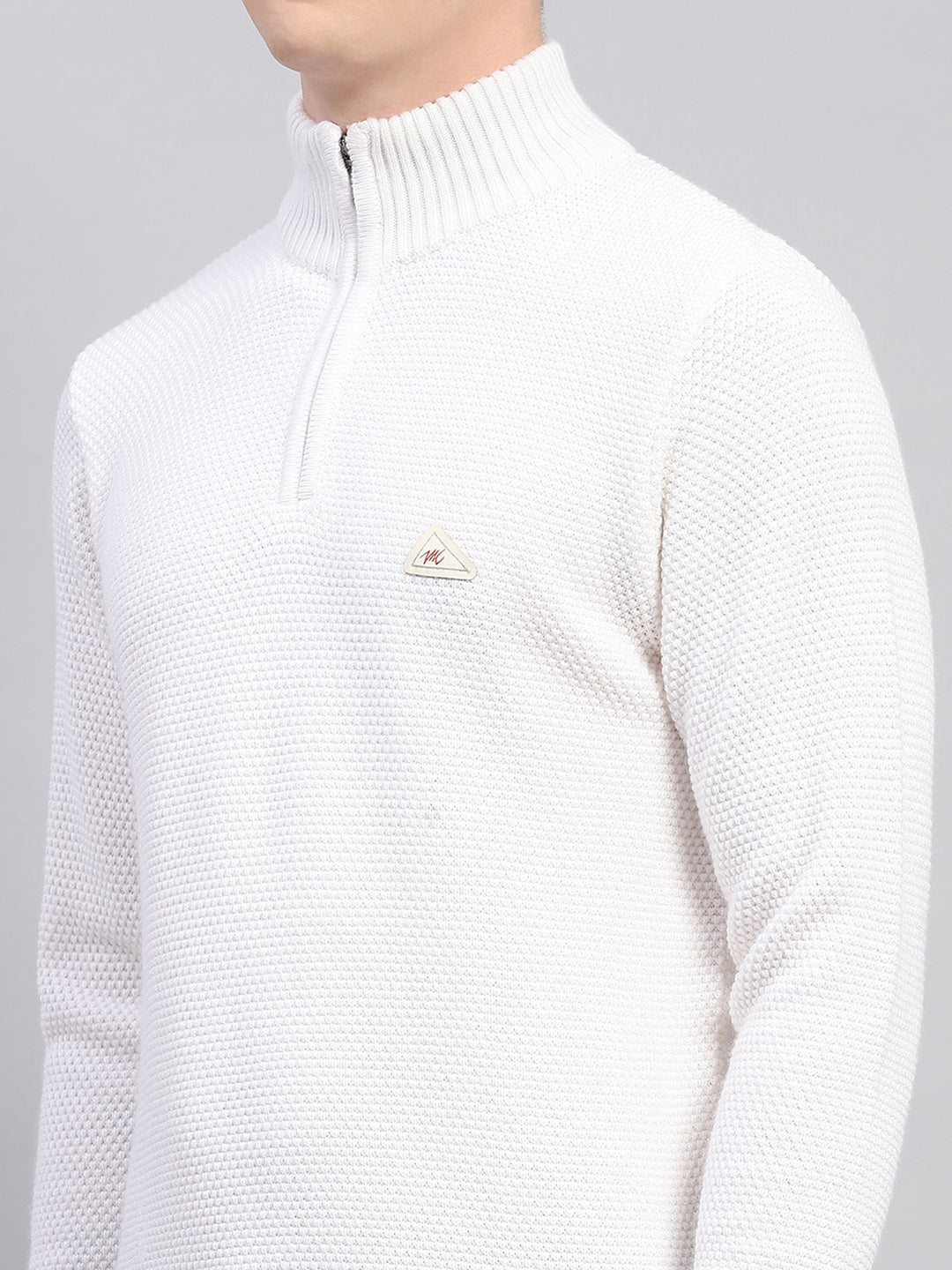Men White Self Design High Neck Full Sleeve Pullover
