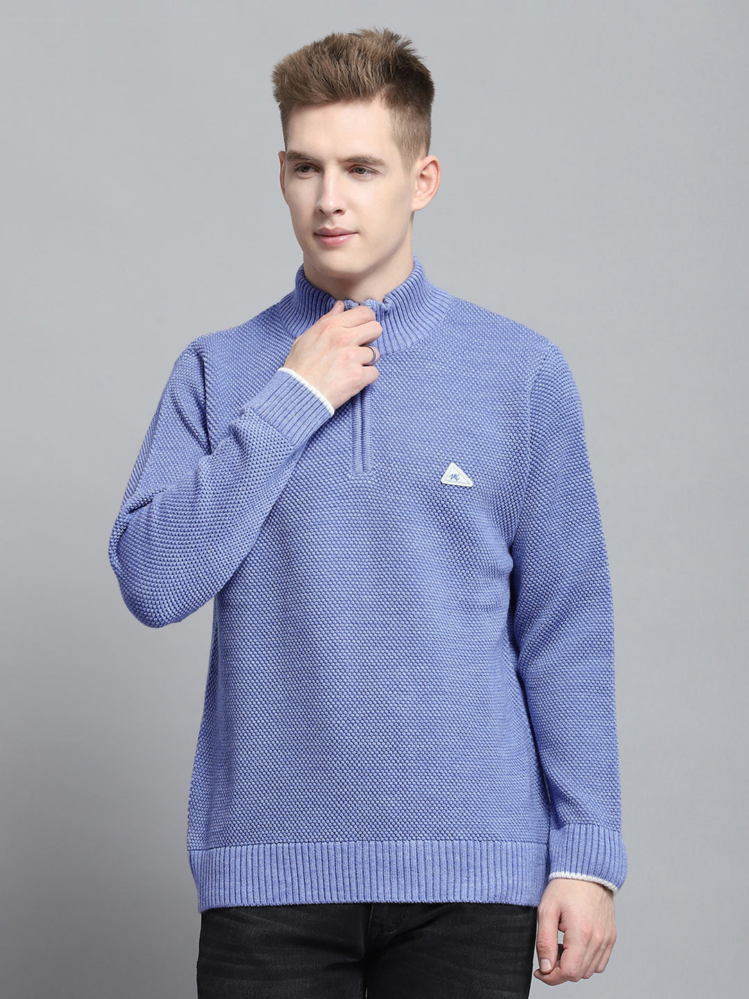 Men Blue Self Design Mock Neck Full Sleeve Pullover