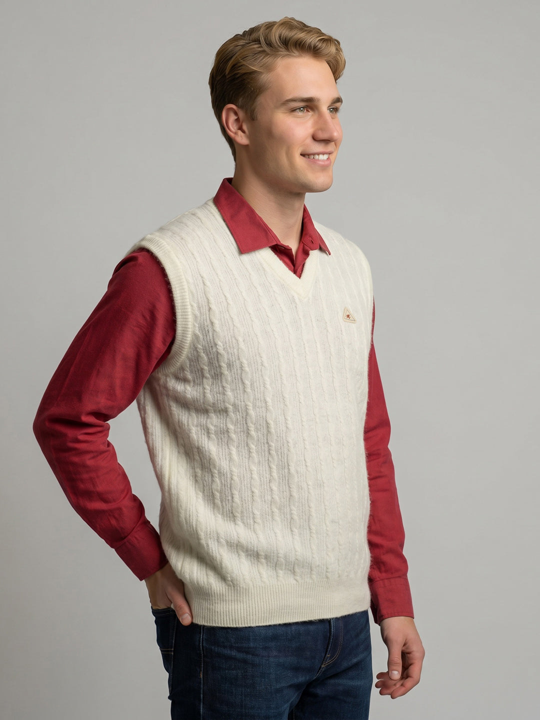 Men White Self Design V Neck Sleeveless Sweater