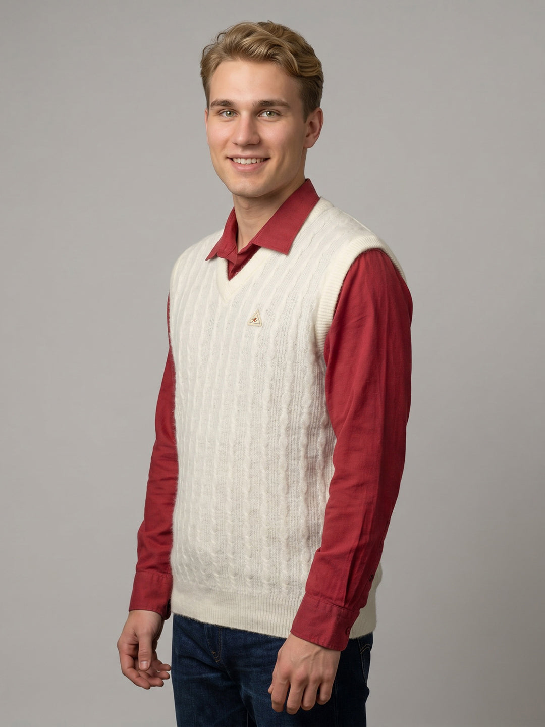 Men White Self Design V Neck Sleeveless Sweater