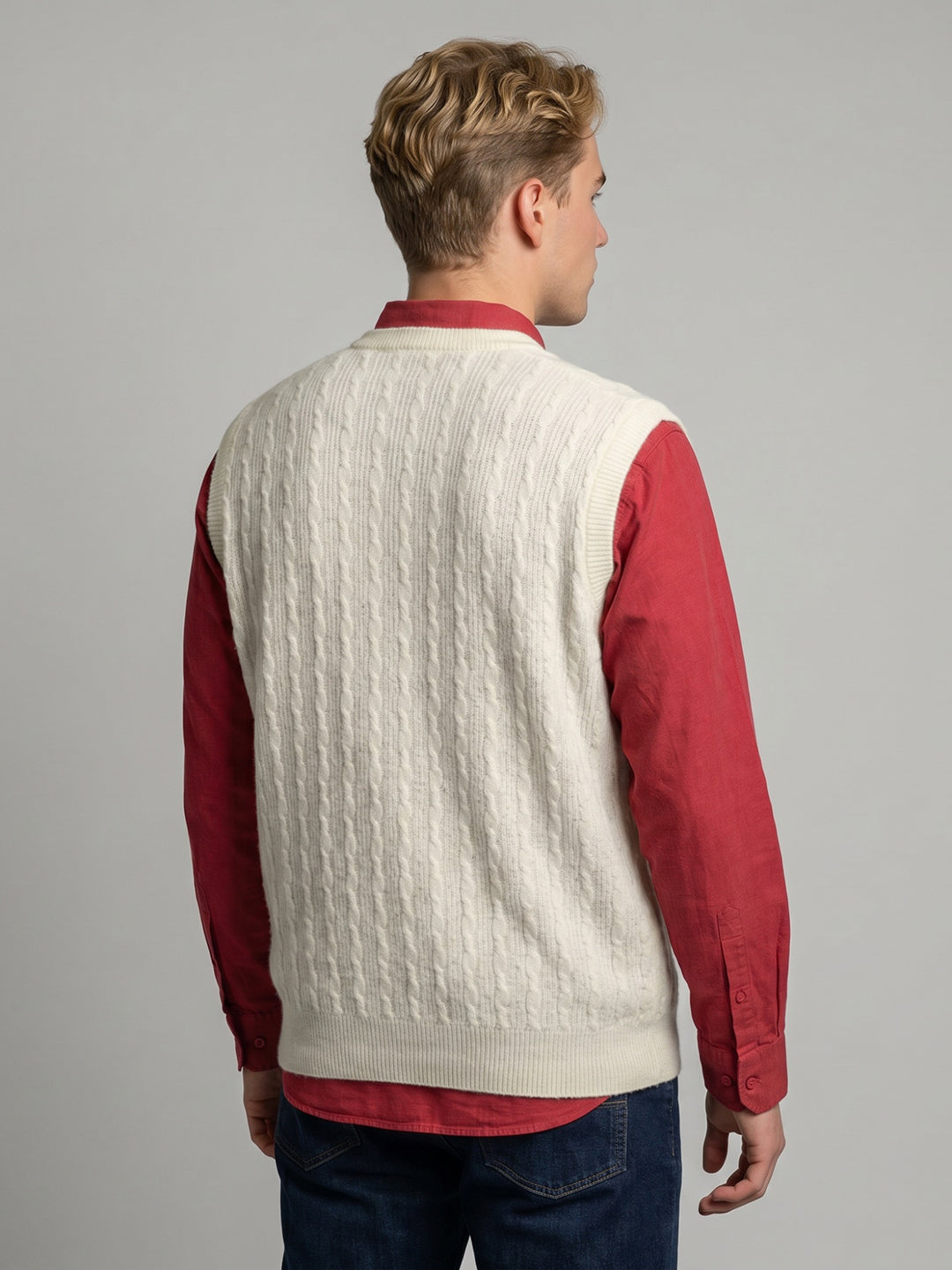Men White Self Design V Neck Sleeveless Sweater