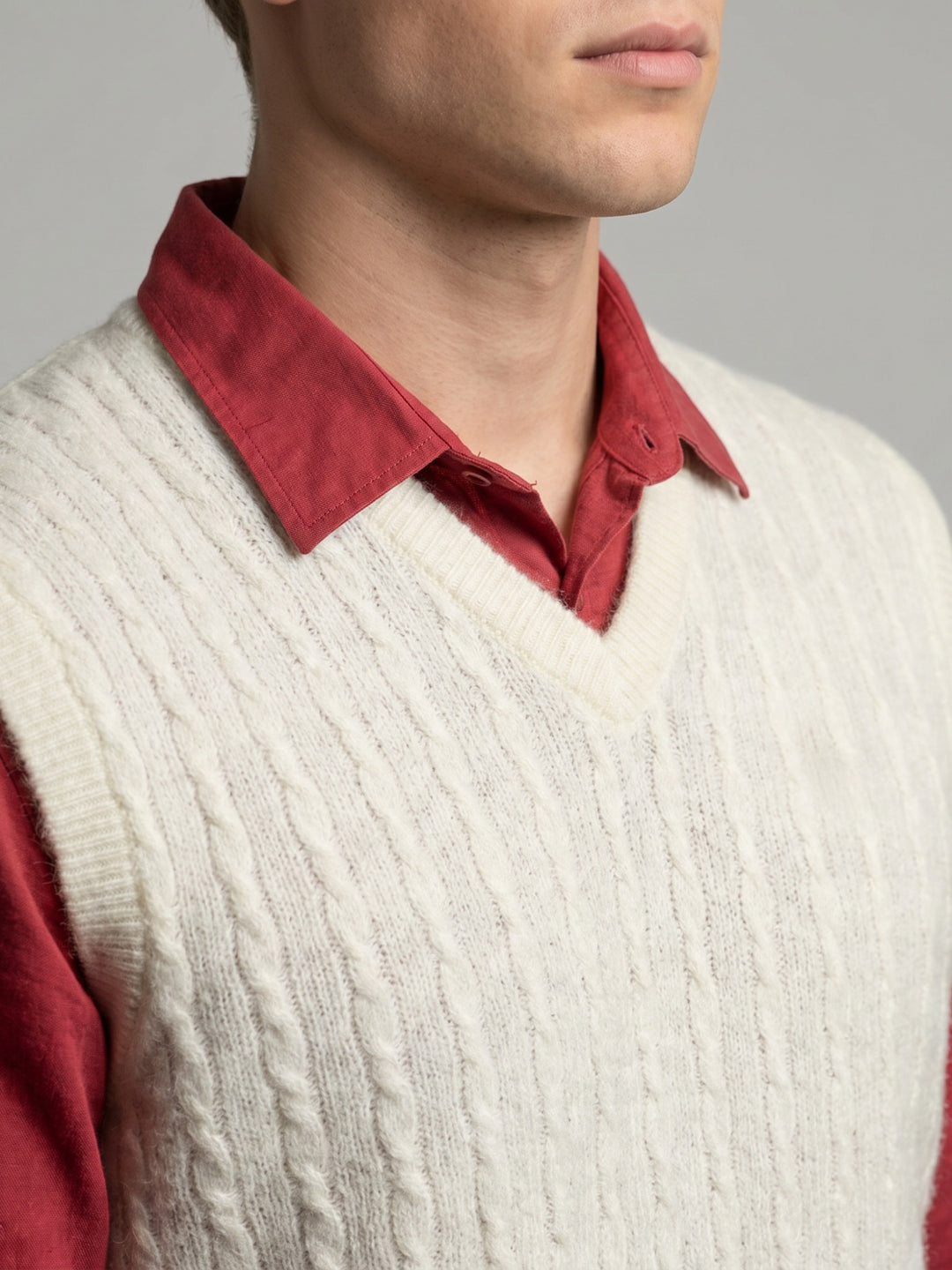 Men White Self Design V Neck Sleeveless Sweater