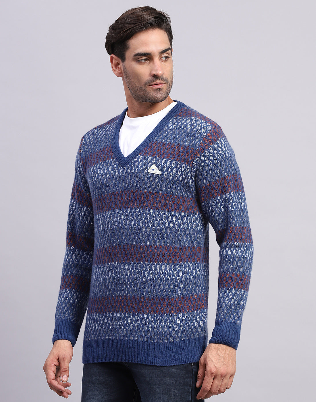 Men Navy Blue Self Design V Neck Full Sleeve Pullover