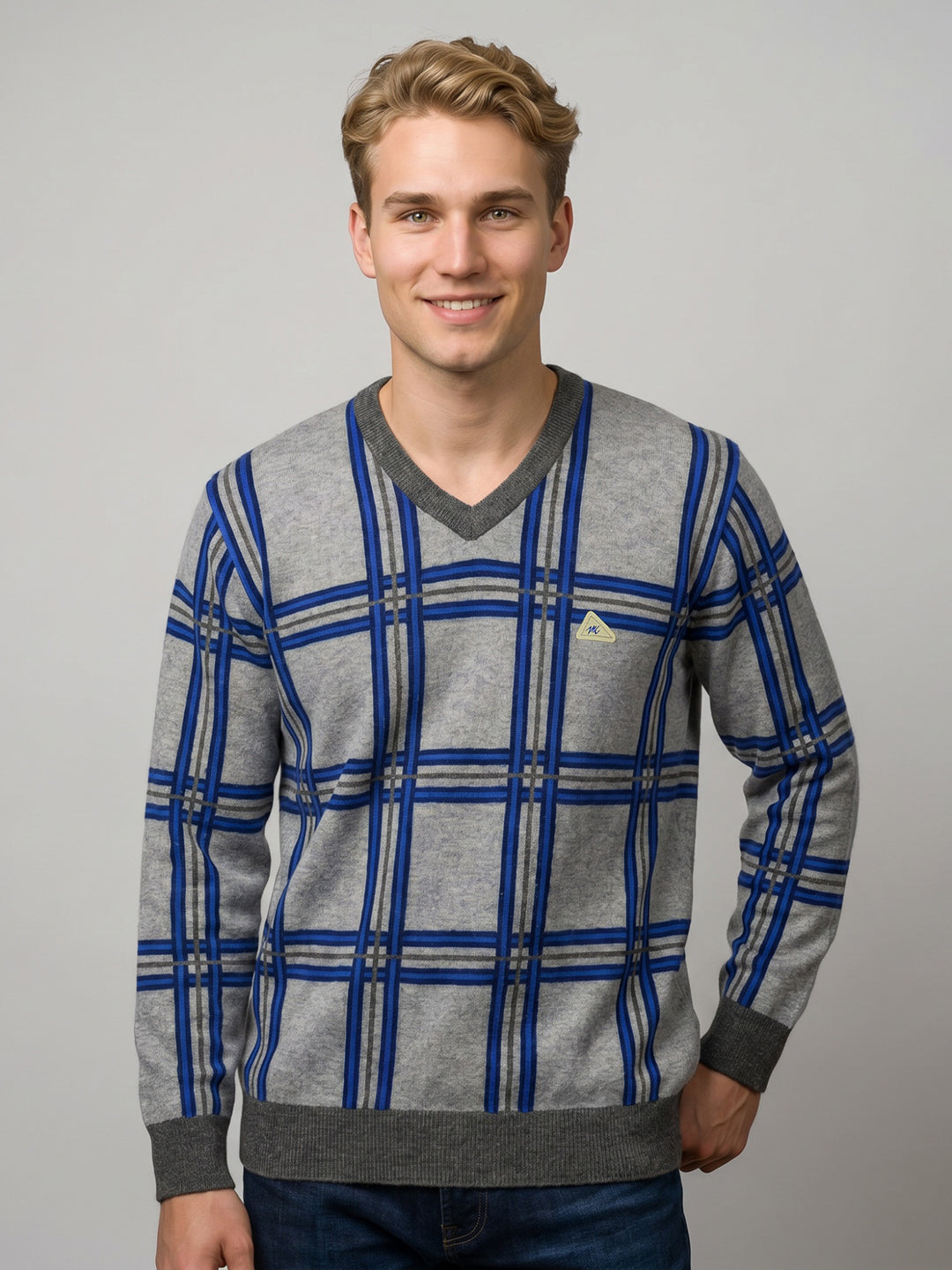 Men Grey Check V Neck Full Sleeve Pullover